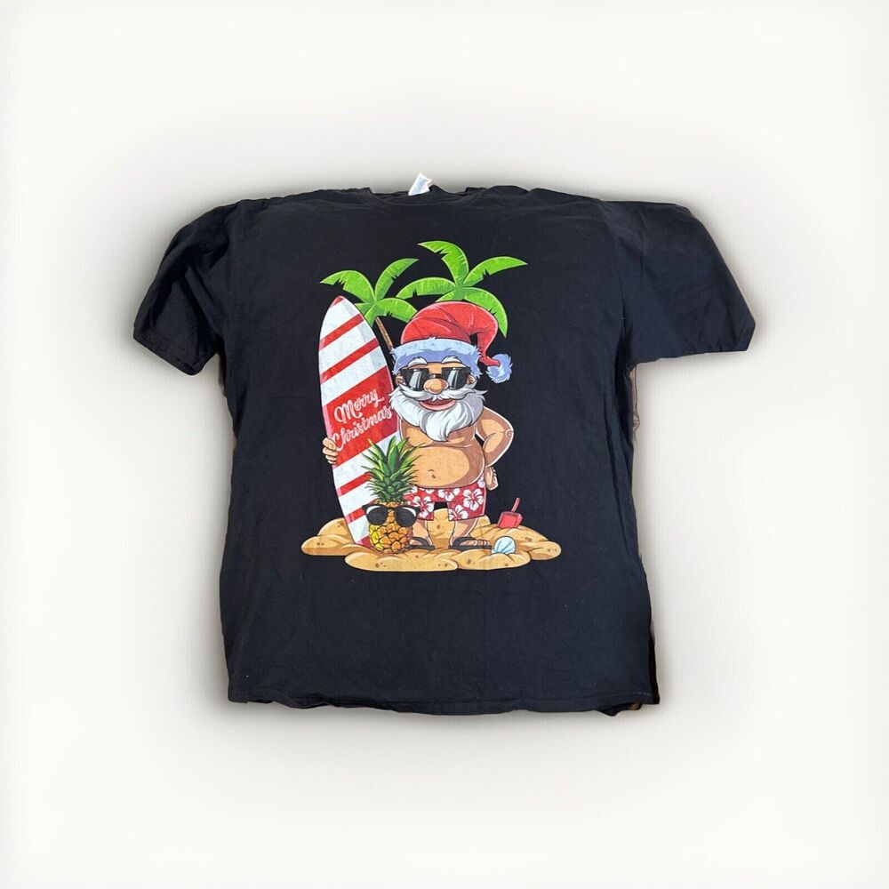 Port Company  Shirt Size 2XL Vintage Santa Claus Surf Board Beach Palms Unisex